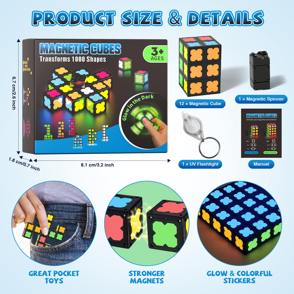 Axirata 4-in-1 Magnetic Fidget Spinner Cube Set – Glow-in-the-Dark Transformable Blocks for Stress Relief & Sensory Play