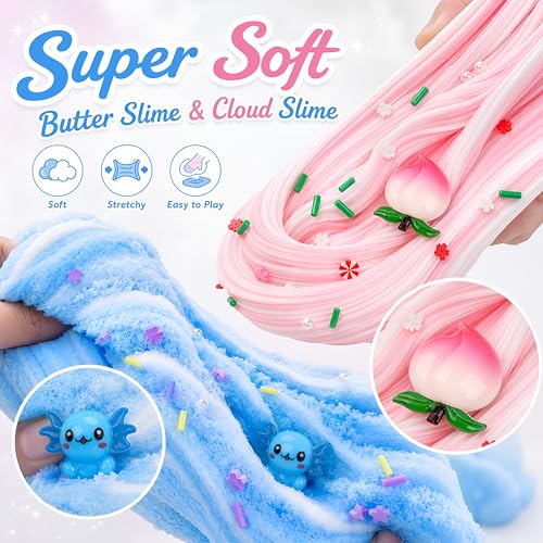 Axolotl Cloud Slime and Peach Butter Slime Kit with Charms – Non-Stick Stress Relief Toy for Kids