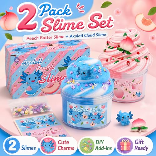 Axolotl Cloud Slime and Peach Butter Slime Kit with Charms – Non-Stick Stress Relief Toy for Kids