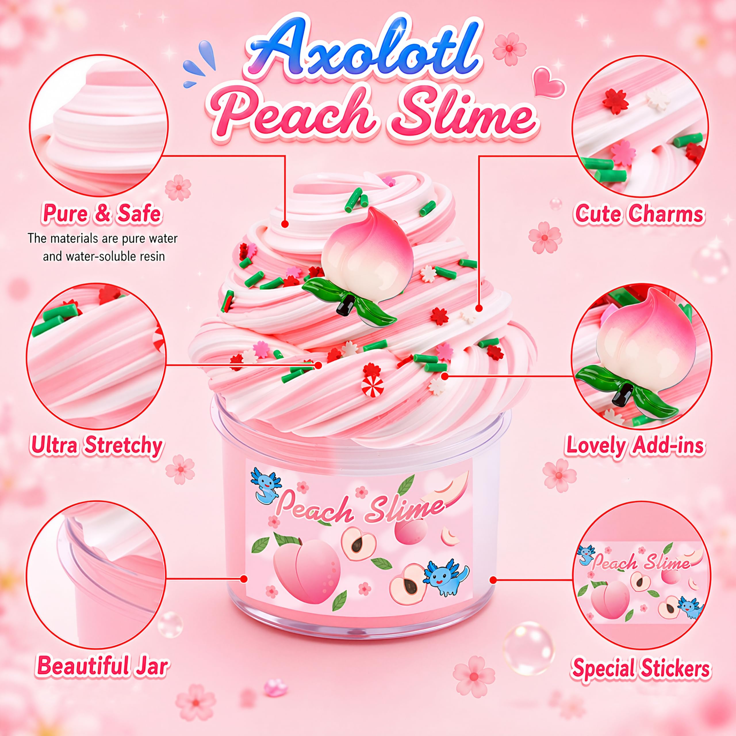 Axolotl Cloud Slime and Peach Butter Slime Kit with Charms – Non-Stick Stress Relief Toy for Kids