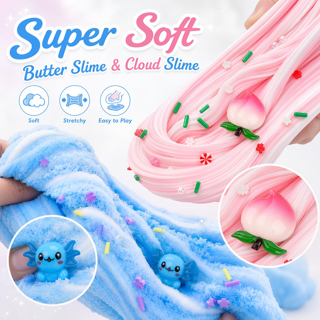 Axolotl Cloud Slime and Peach Butter Slime Kit with Charms – Non-Stick Stress Relief Toy for Kids