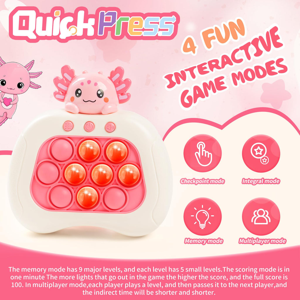 Axolotl Push Pop Fidget Game - Handheld Light Up Console with 4 Modes for Kids Ages 3-12