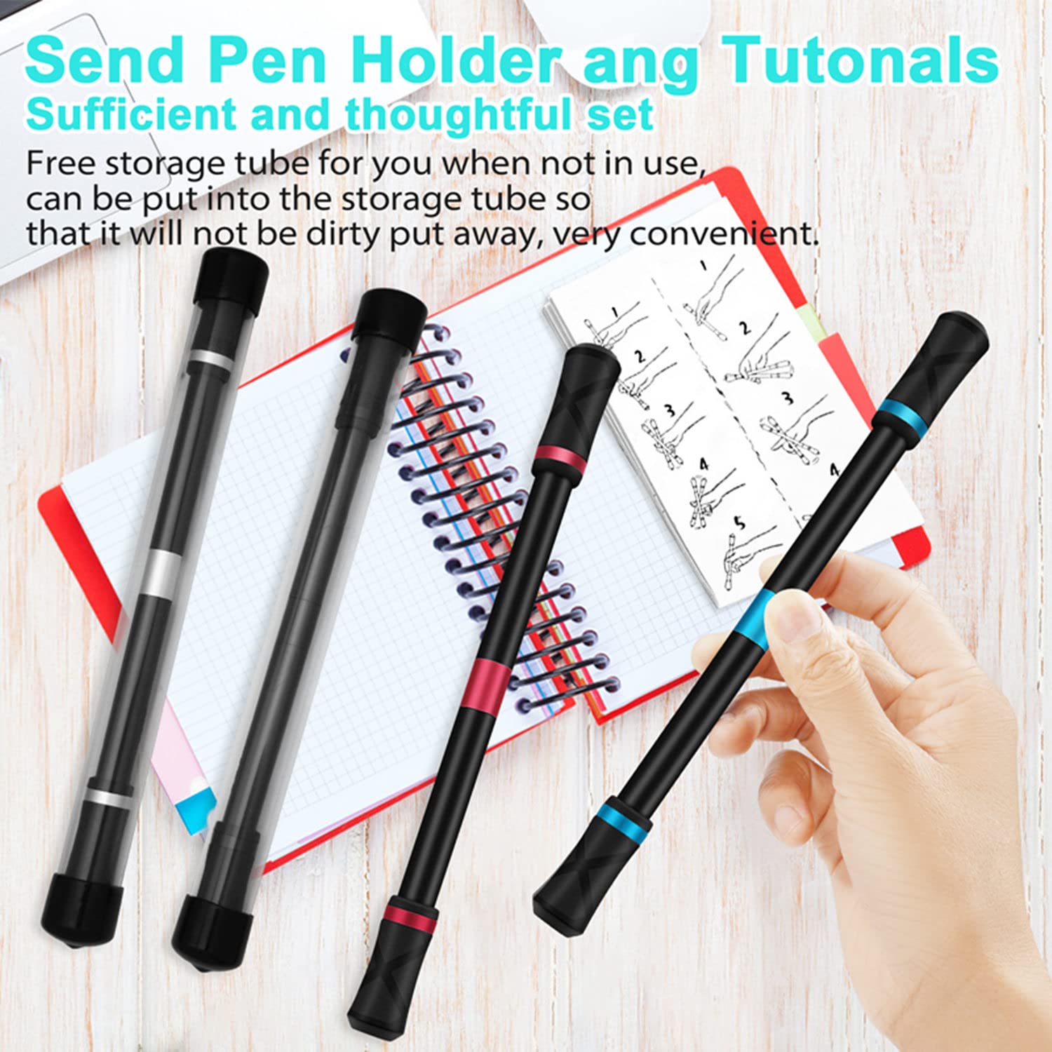 AYXXZJD Pen Spinning Set - 4 Modular Spinner Pens with Weighted Balance, ABS Barrel, and Tutorial (Silver, Black, Red, Blue)