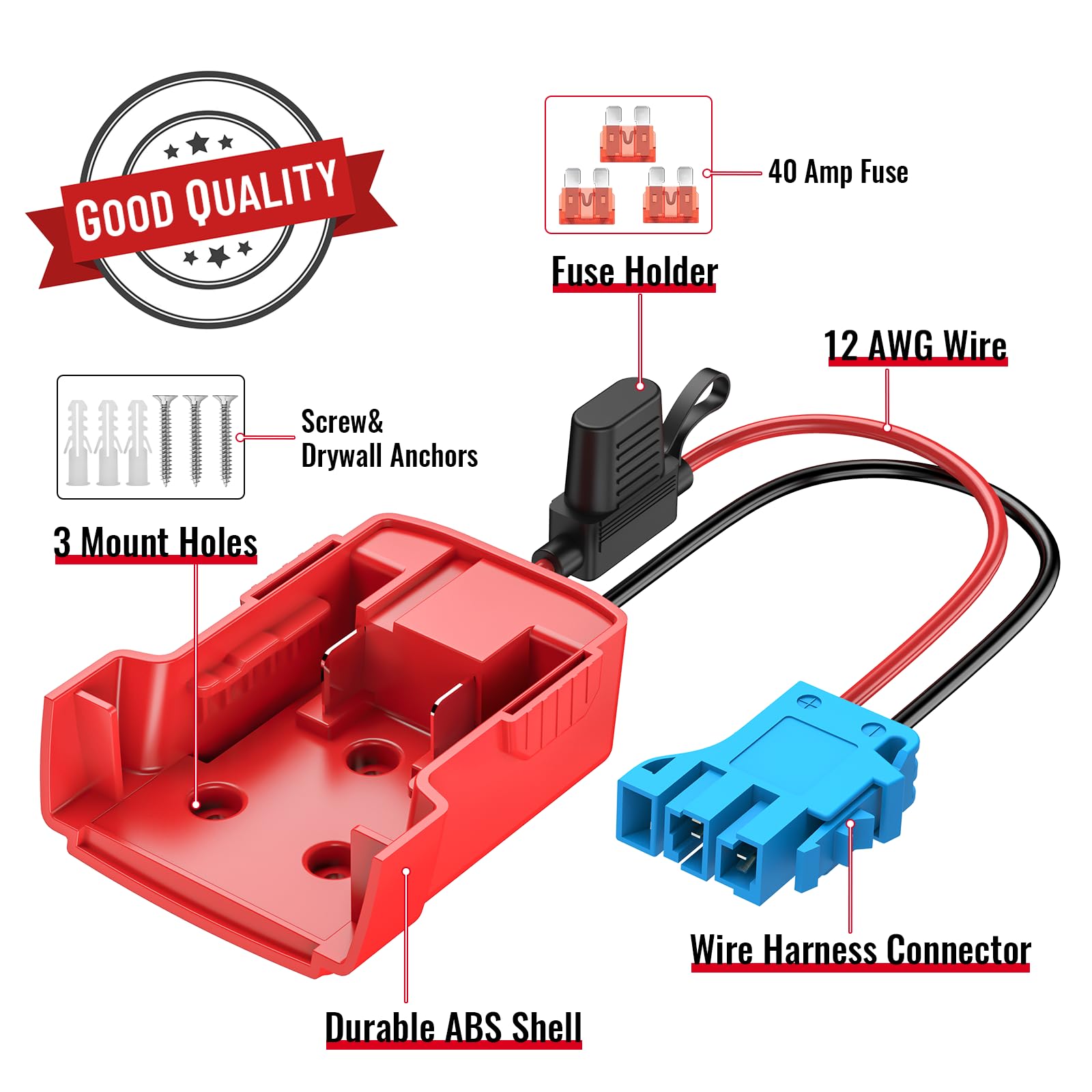 Azocek Power Wheel Adapter for Milwaukee 18V Batteries with Peg-Perego Connector – 12AWG Wire, 40A Fuse