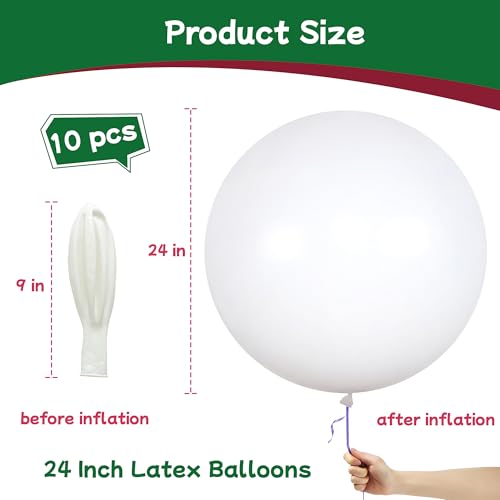 AZOWA 24-Inch White Party Balloons – 10 Large Latex Balloons for Weddings, Birthdays & Baby Showers