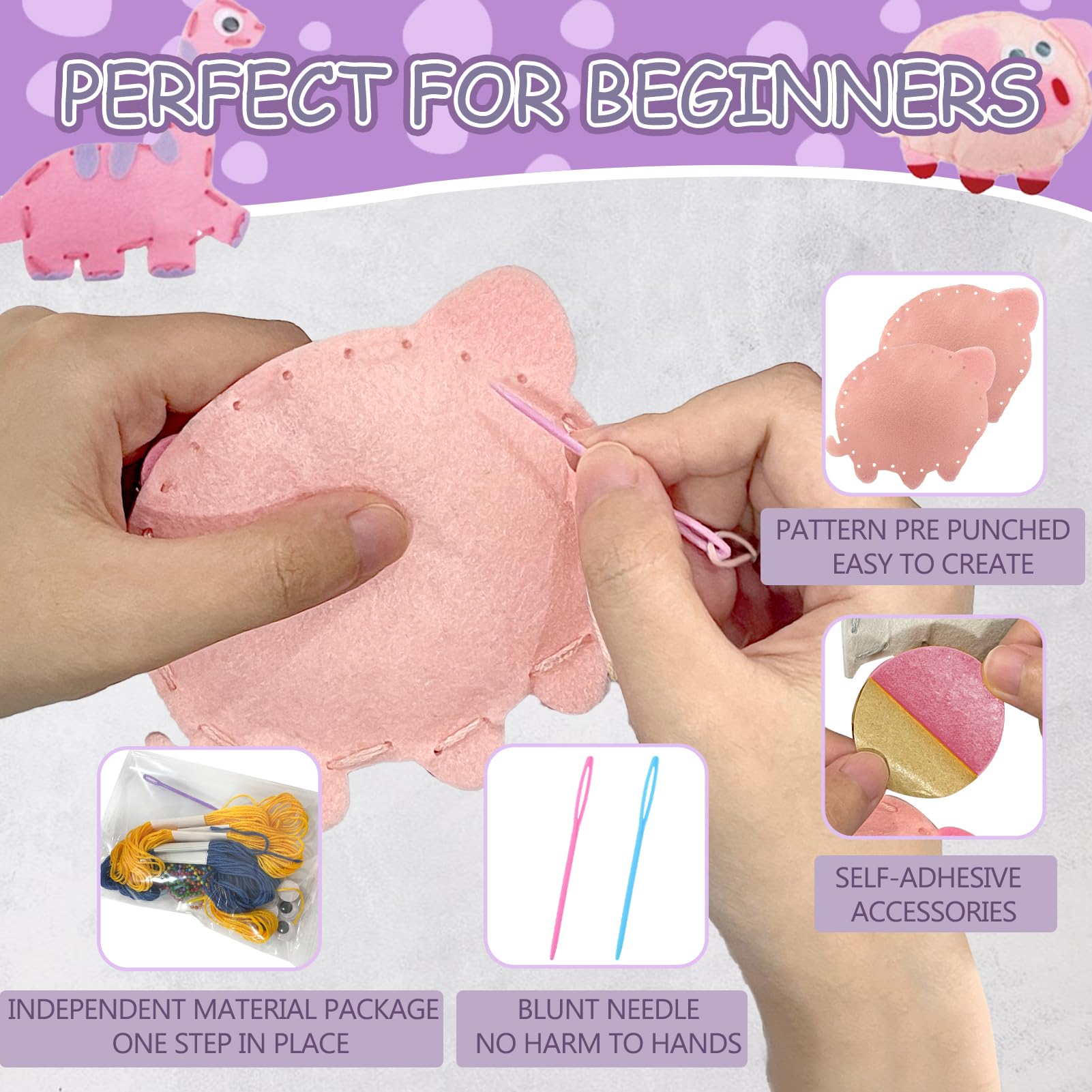 AzReference Kids Sewing Kit for Beginners - Make 8 Stuffed Animals (Rabbit, Dinosaur, More) - Safe Felt Craft for Ages 5-12