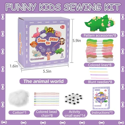 AzReference Kids Sewing Kit for Beginners - Make 8 Stuffed Animals (Rabbit, Dinosaur, More) - Safe Felt Craft for Ages 5-12
