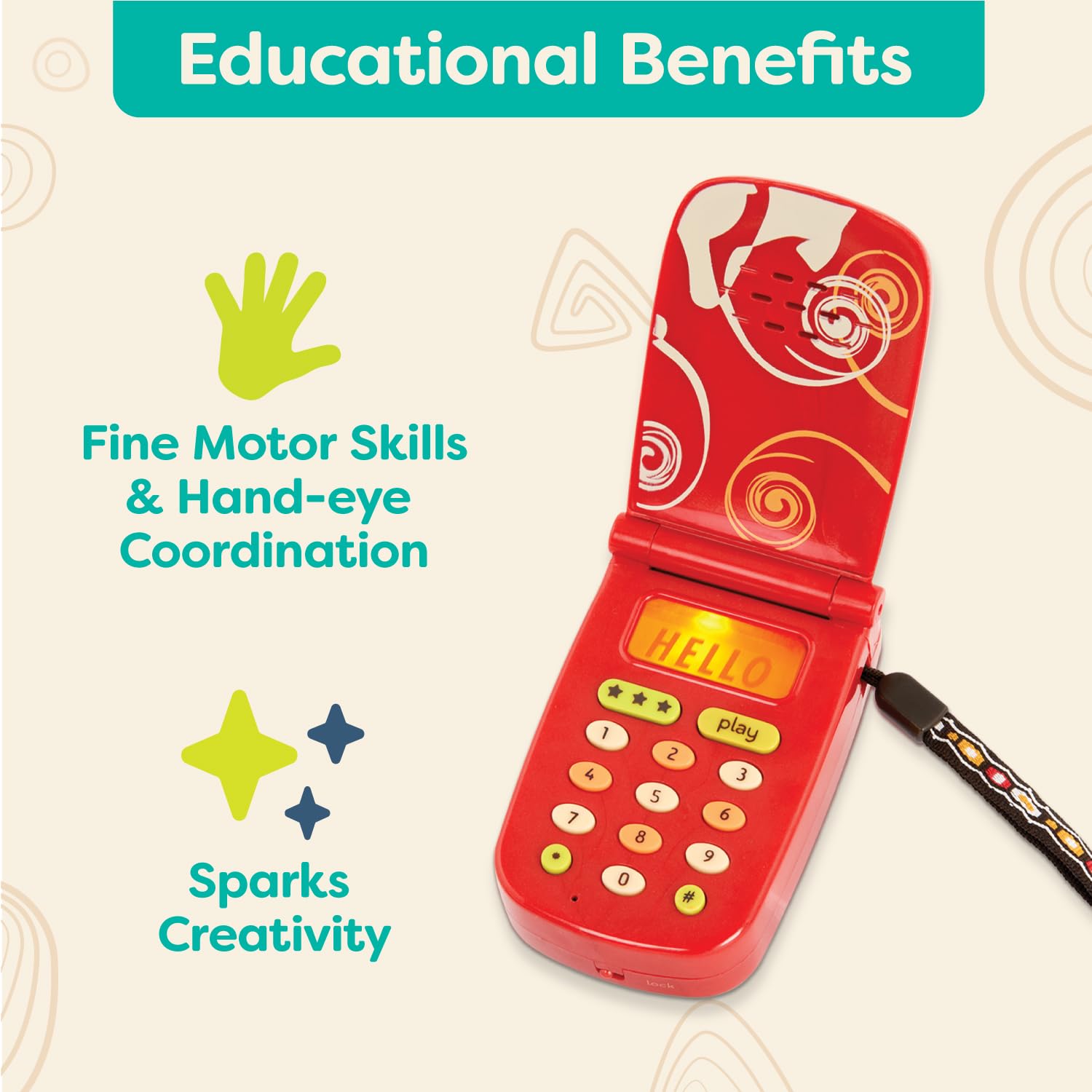 B. toys Hellophone Red – Toddler Cellphone with Sounds, Lights, and Voice Recording
