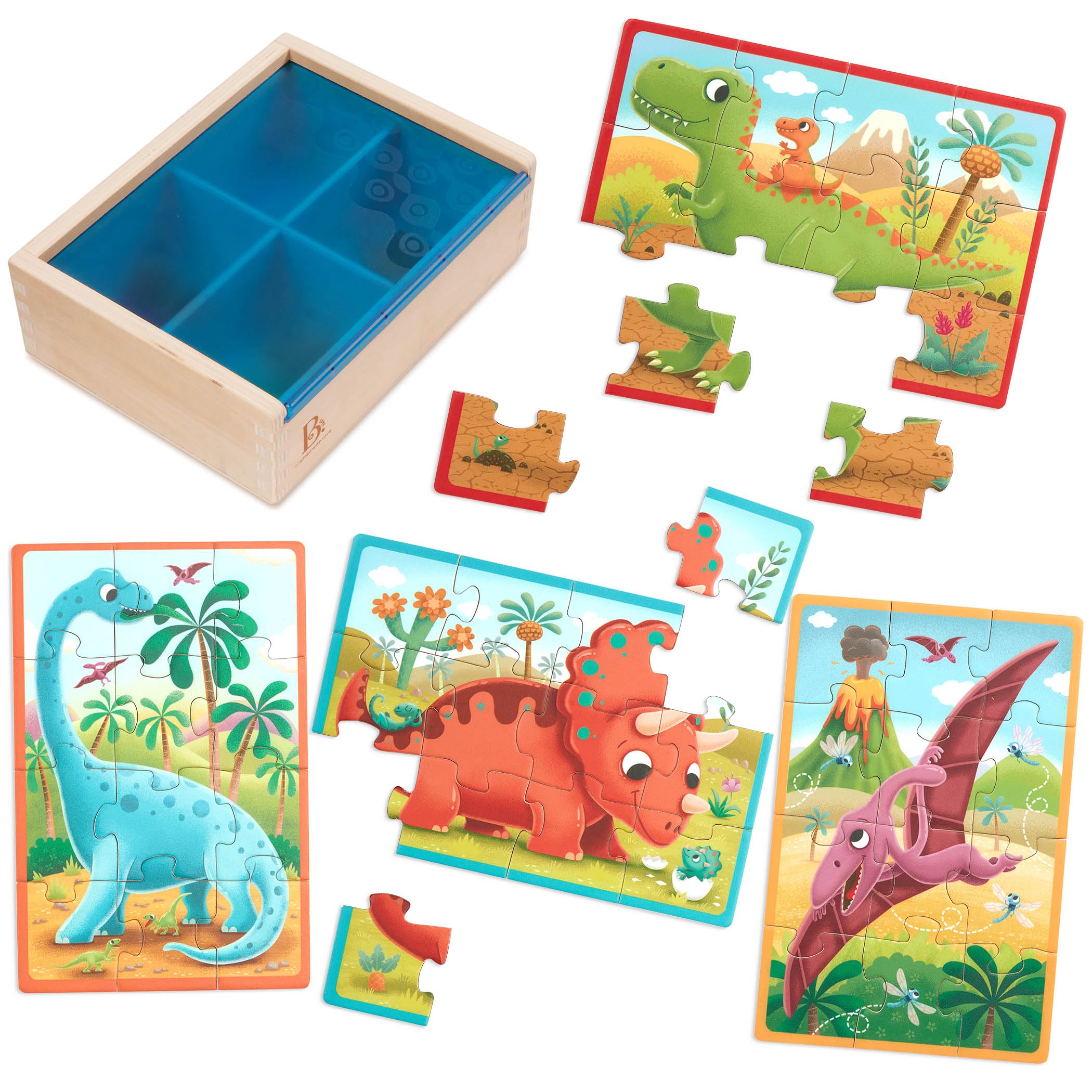 B. toys Pack o' Puzzles: 4 Wooden Dinosaur Jigsaw Puzzles for Kids Ages 3+