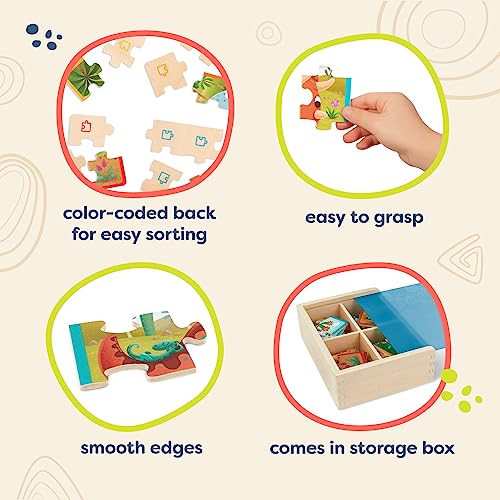 B. toys Pack o' Puzzles: 4 Wooden Dinosaur Jigsaw Puzzles for Kids Ages 3+