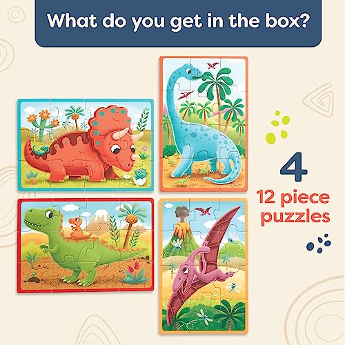 B. toys Pack o' Puzzles: 4 Wooden Dinosaur Jigsaw Puzzles for Kids Ages 3+