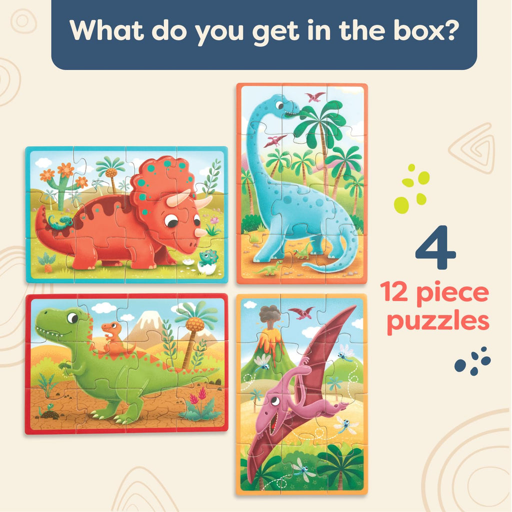B. toys Pack o' Puzzles: 4 Wooden Dinosaur Jigsaw Puzzles for Kids Ages 3+