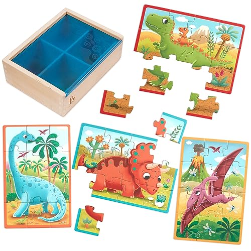 B. toys Pack o' Puzzles: 4 Wooden Dinosaur Jigsaw Puzzles for Kids Ages 3+