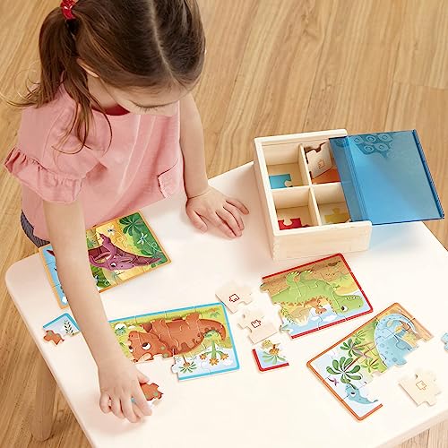 B. toys Pack o' Puzzles: 4 Wooden Dinosaur Jigsaw Puzzles for Kids Ages 3+