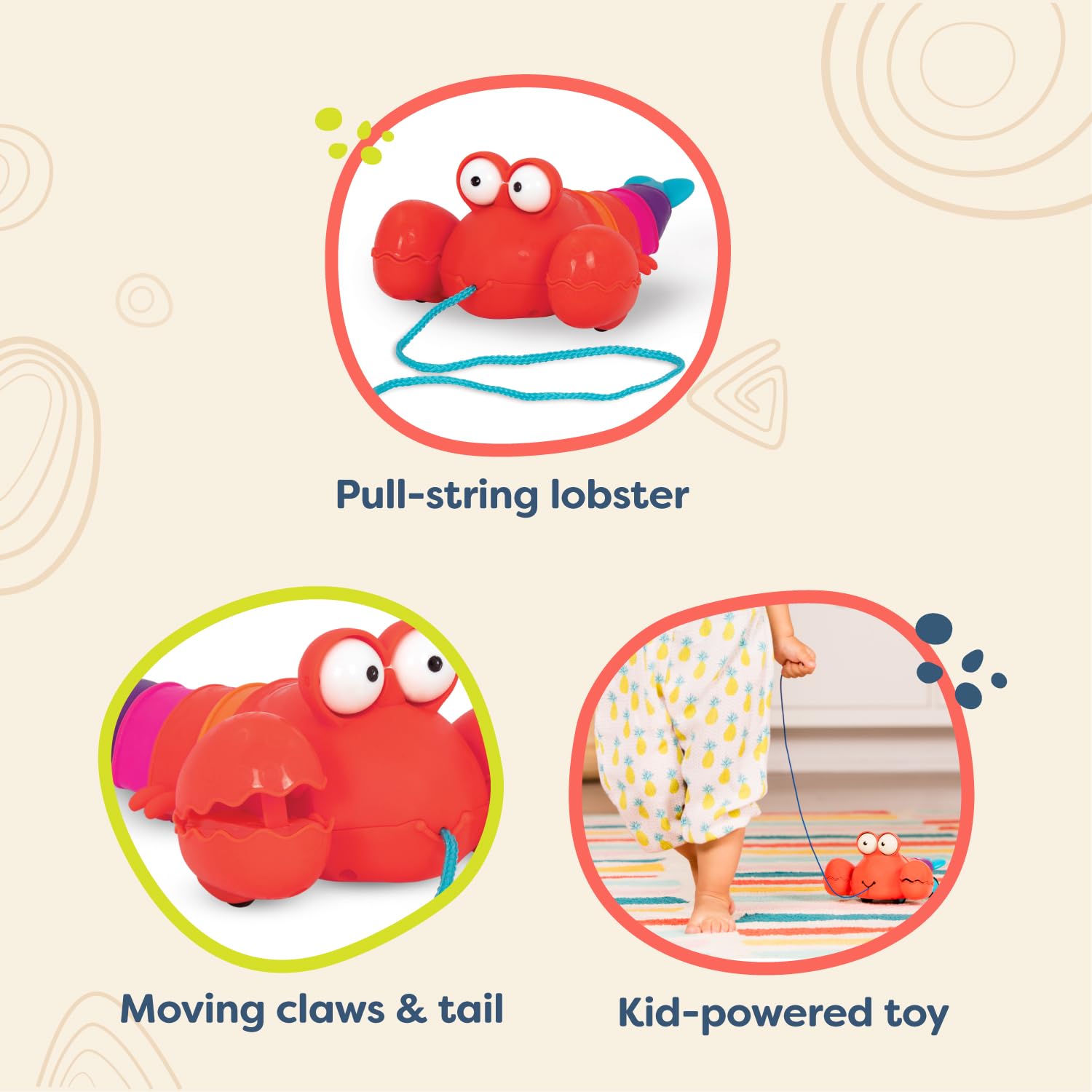 B. Toys Pinchy Pat Pull-Along Lobster – Clacking, Wiggling Walking Toy for Toddlers 18M+