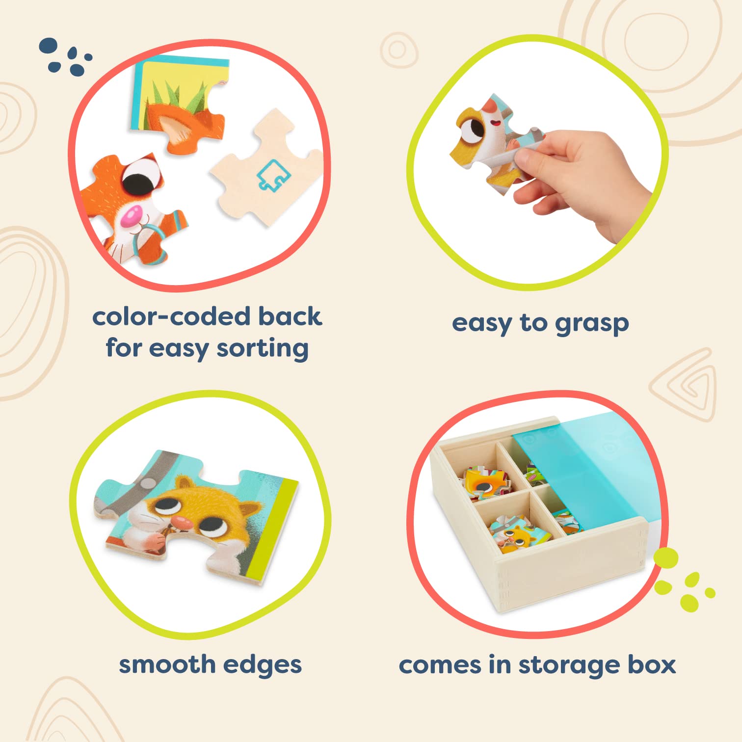 B. toys Wooden Animal Puzzles – 4-Pack of 12-Piece Jigsaw Puzzles for Toddlers Ages 3+