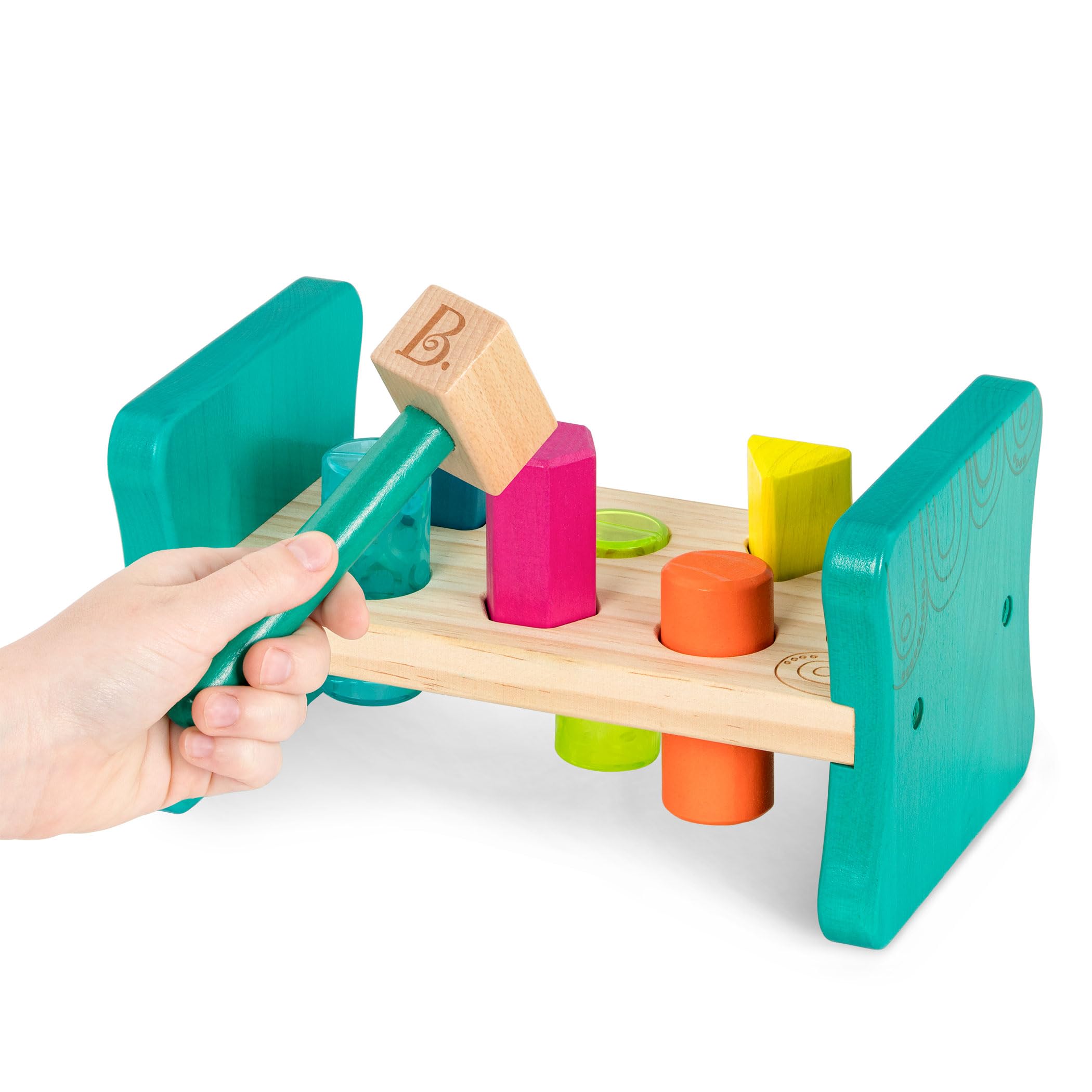 B. toys Wooden Shape Sorter and Pounding Bench – Colorful Pound & Play for Toddlers 2+