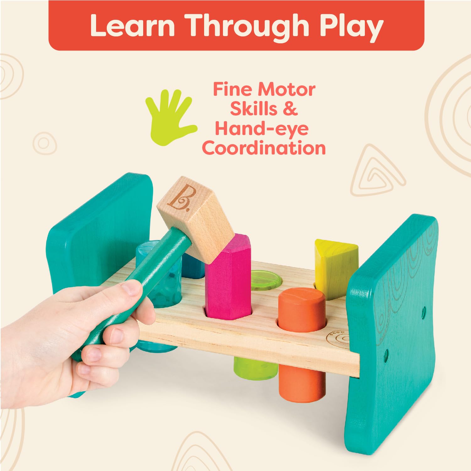 B. toys Wooden Shape Sorter and Pounding Bench – Colorful Pound & Play for Toddlers 2+