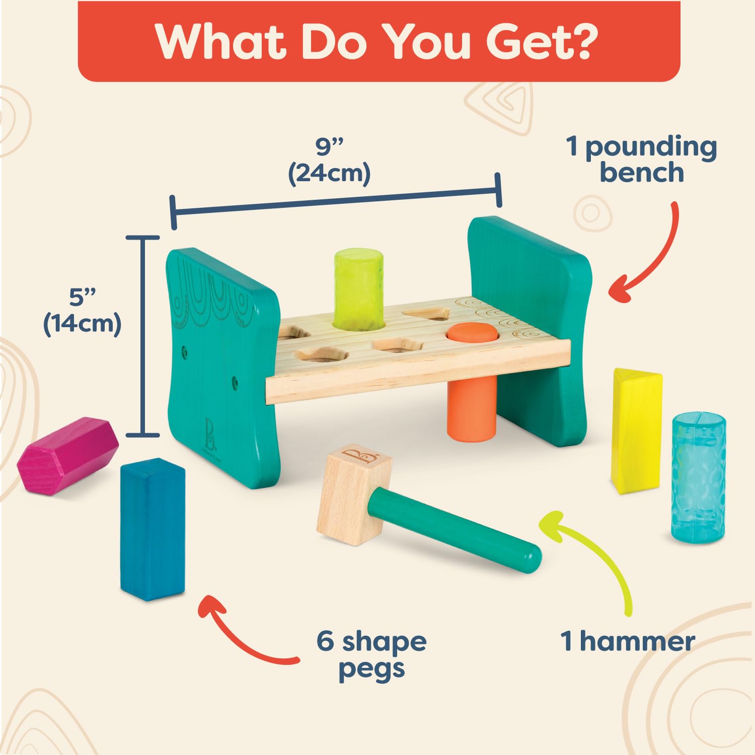 B. toys Wooden Shape Sorter and Pounding Bench – Colorful Pound & Play for Toddlers 2+