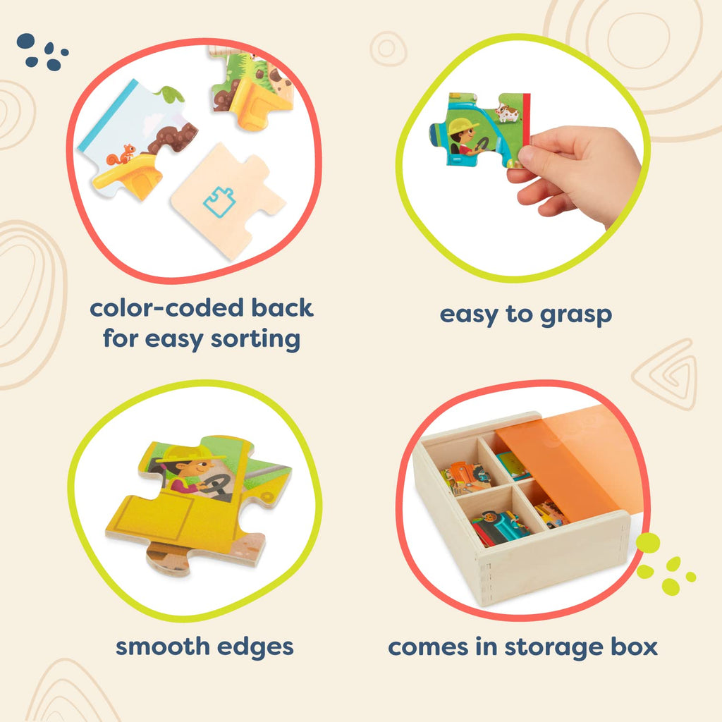 B. toys Wooden Truck Puzzles Set – 4 Jigsaw Puzzles for Kids Ages 3+