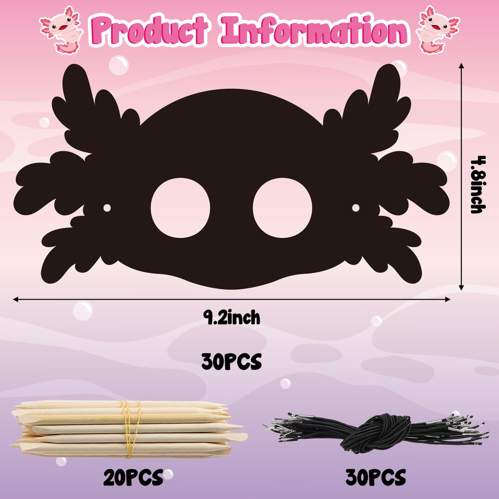 B1ykin 30-Piece Axolotl Scratch Mask Set – DIY Craft Kit for Kids with Wooden Sticks and Elastic Bands