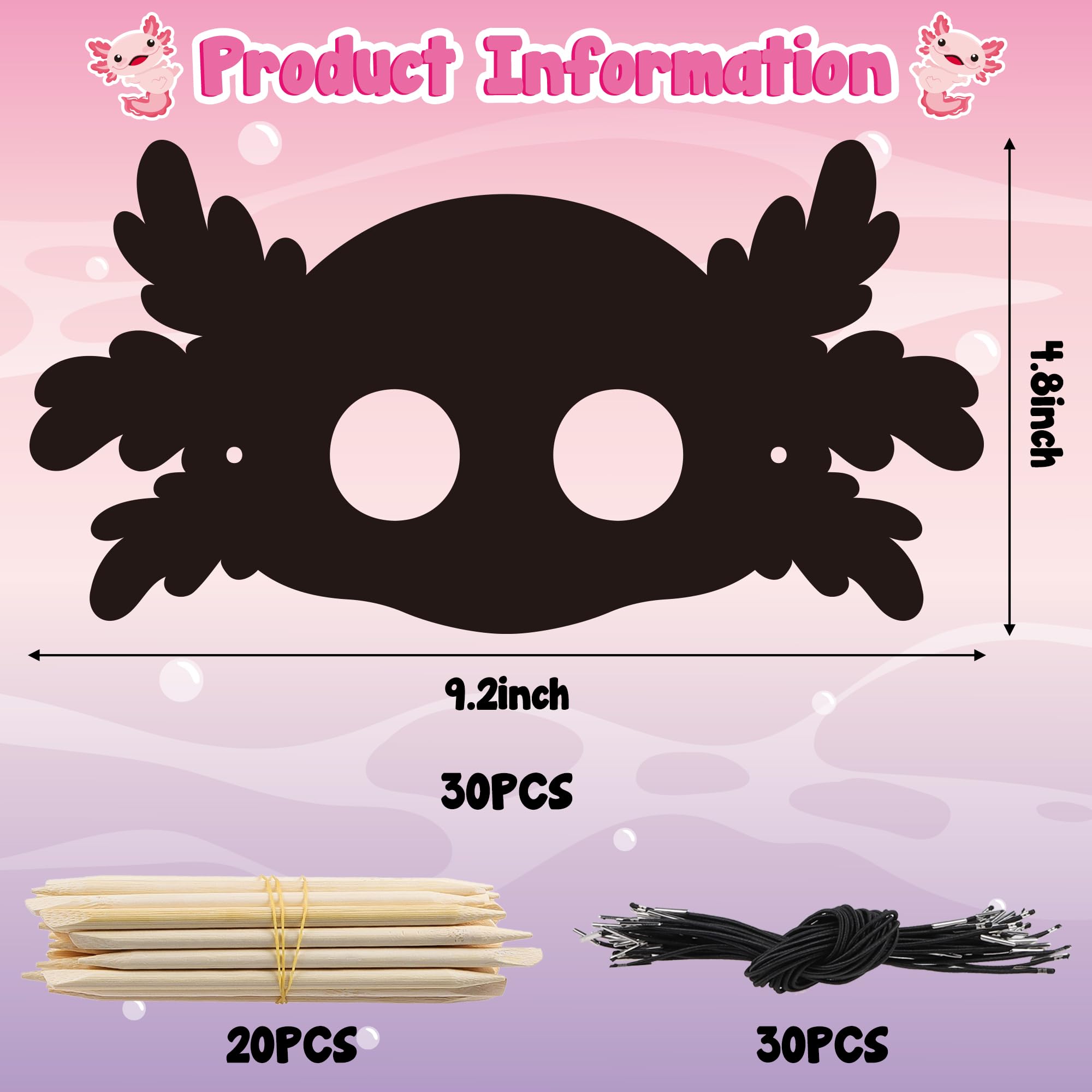 B1ykin 30-Piece Axolotl Scratch Mask Set – DIY Craft Kit for Kids with Wooden Sticks and Elastic Bands