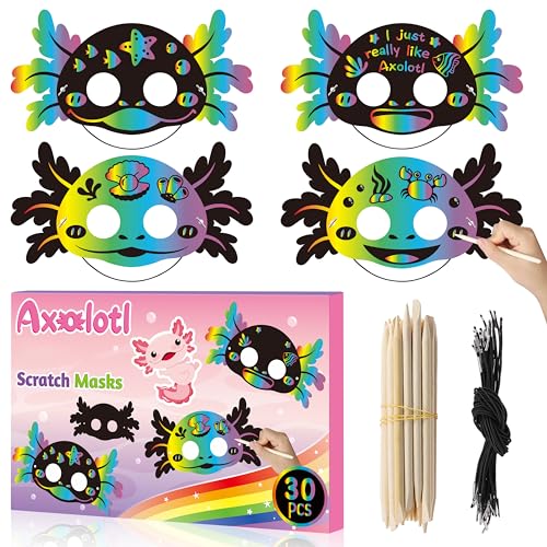 B1ykin 30-Piece Axolotl Scratch Mask Set – DIY Craft Kit for Kids with Wooden Sticks and Elastic Bands