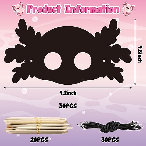 B1ykin 30-Piece Axolotl Scratch Mask Set – DIY Craft Kit for Kids with Wooden Sticks and Elastic Bands