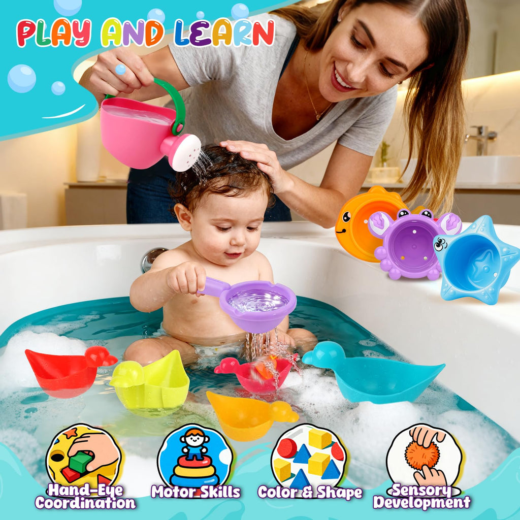 Babelshar 10-Piece Bath Toys for Toddlers 1-3 – Floating Ducks, Stacking Cups & Pouring Water Play