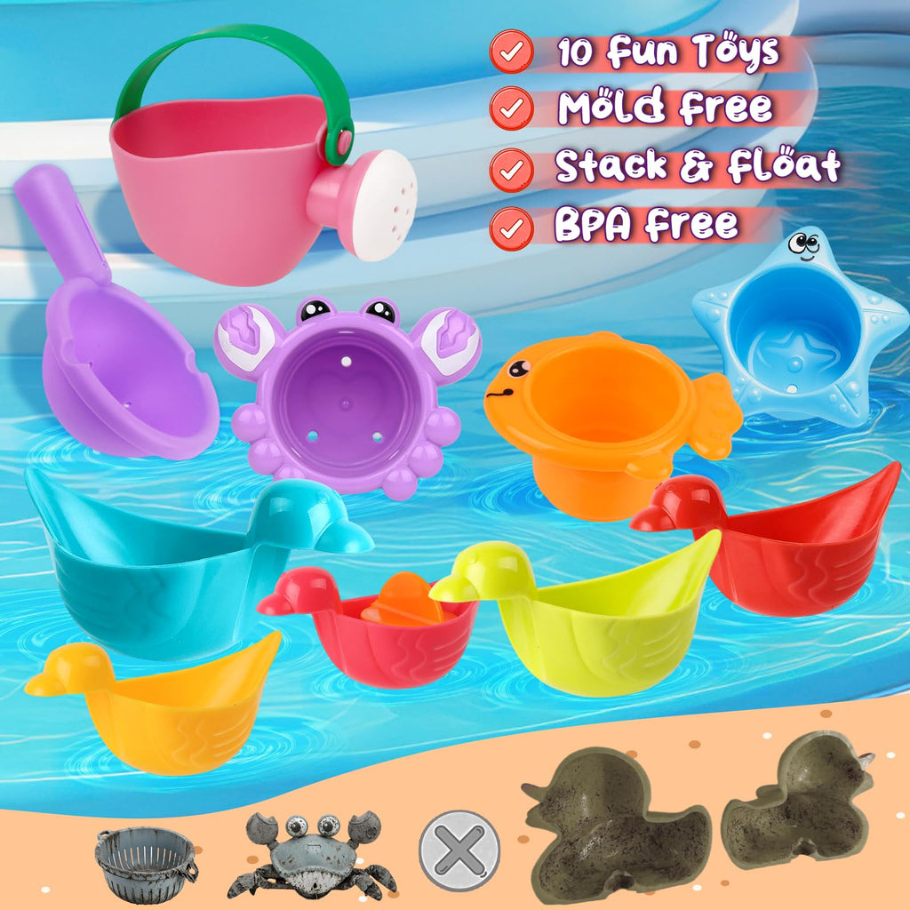 Babelshar 10-Piece Bath Toys for Toddlers 1-3 – Floating Ducks, Stacking Cups & Pouring Water Play