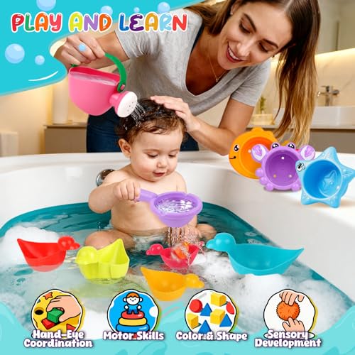 Babelshar 10-Piece Bath Toys for Toddlers 1-3 – Floating Ducks, Stacking Cups & Pouring Water Play