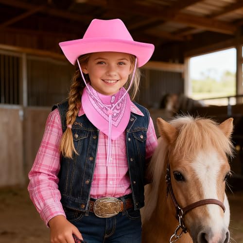 Babelshar Pink Cowboy Hat and Bandana Set for Toddlers – Felt Cowgirl Costume Accessory for Ages 3-8