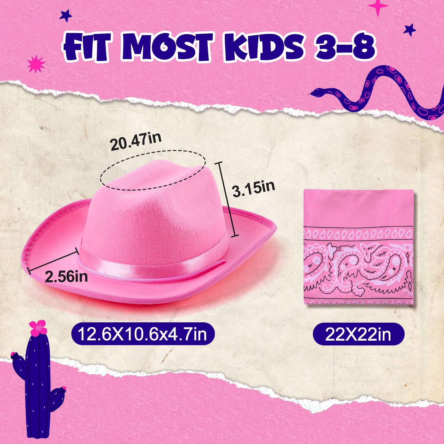 Babelshar Pink Cowboy Hat and Bandana Set for Toddlers – Felt Cowgirl Costume Accessory for Ages 3-8