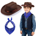 Babelshar Toddler Cowboy Hat and Bandana Set – Felt Western Hat for Kids 3-8, Adjustable Brown Cowboy Hat with Blue Bandana for Halloween and Dress-Up