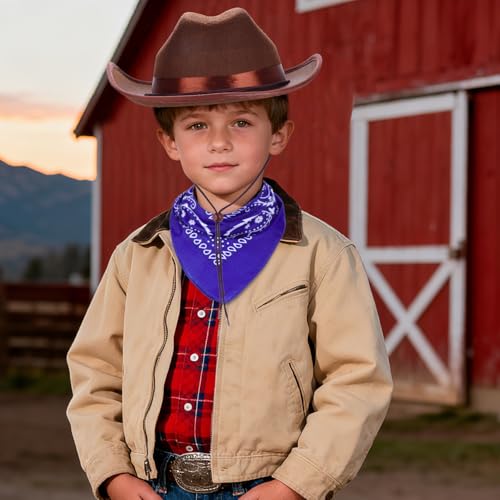 Babelshar Toddler Cowboy Hat and Bandana Set – Felt Western Hat for Kids 3-8, Adjustable Brown Cowboy Hat with Blue Bandana for Halloween and Dress-Up