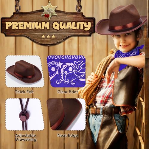 Babelshar Toddler Cowboy Hat and Bandana Set – Felt Western Hat for Kids 3-8, Adjustable Brown Cowboy Hat with Blue Bandana for Halloween and Dress-Up