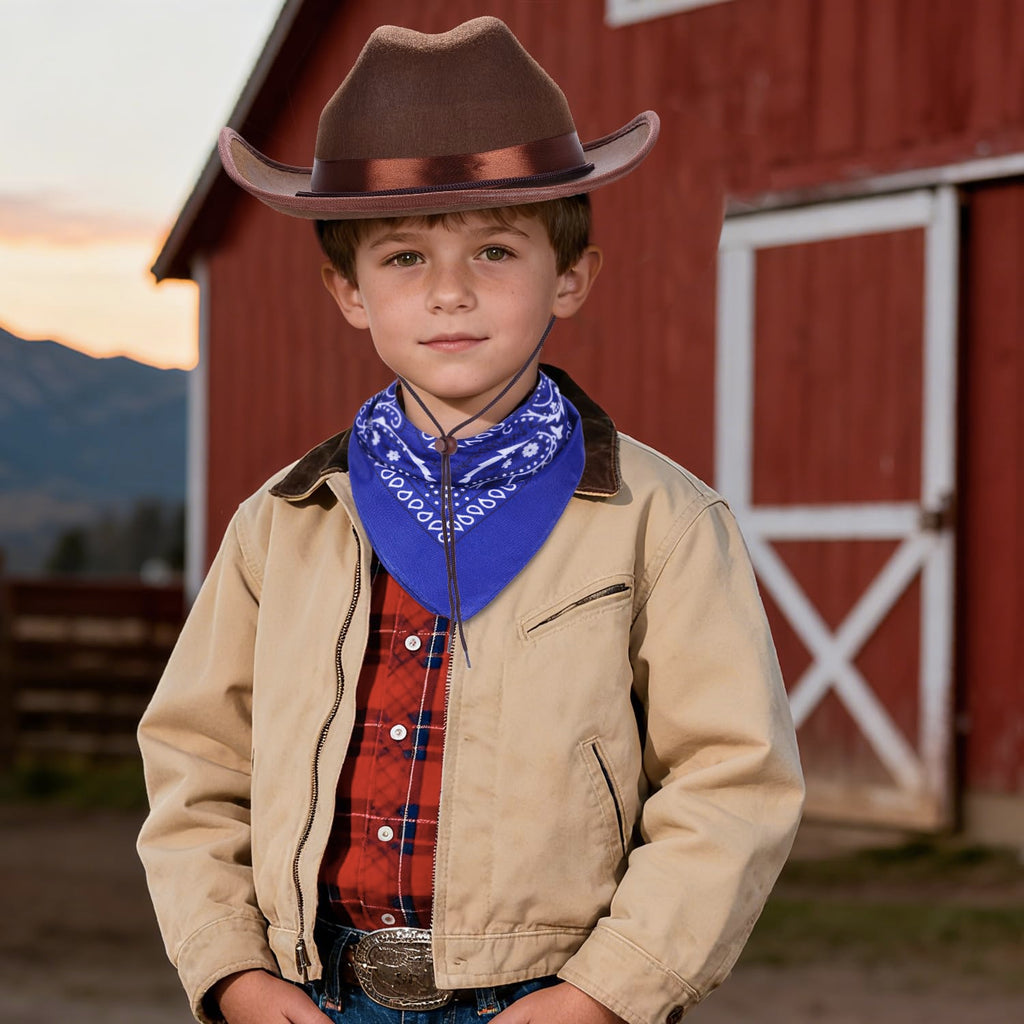 Babelshar Toddler Cowboy Hat and Bandana Set – Felt Western Hat for Kids 3-8, Adjustable Brown Cowboy Hat with Blue Bandana for Halloween and Dress-Up
