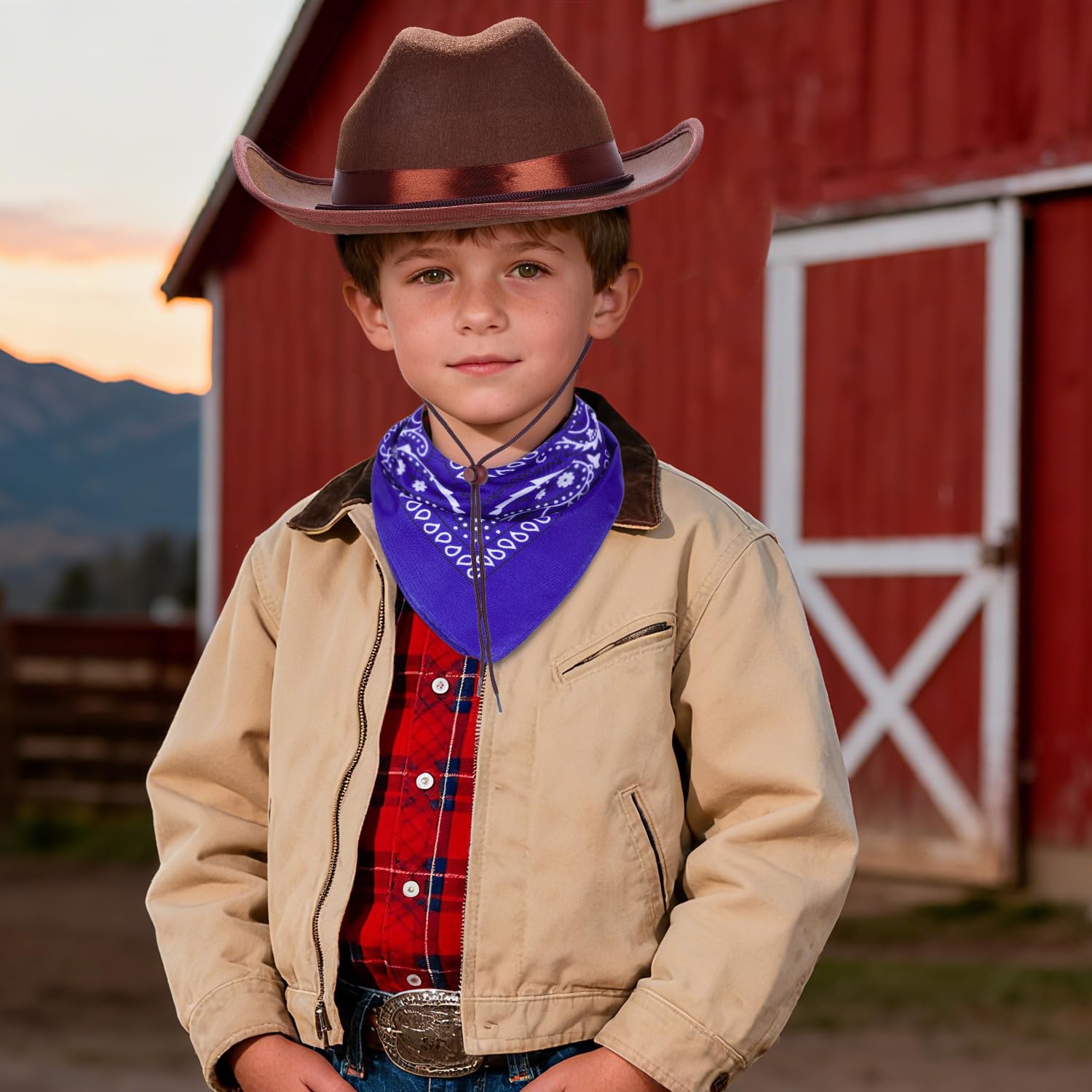 Babelshar Toddler Cowboy Hat and Bandana Set – Felt Western Hat for Kids 3-8, Adjustable Brown Cowboy Hat with Blue Bandana for Halloween and Dress-Up