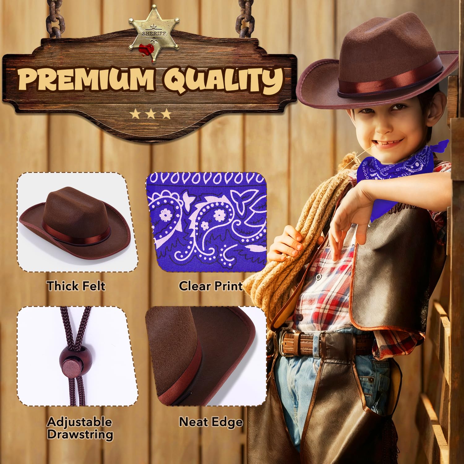 Babelshar Toddler Cowboy Hat and Bandana Set – Felt Western Hat for Kids 3-8, Adjustable Brown Cowboy Hat with Blue Bandana for Halloween and Dress-Up