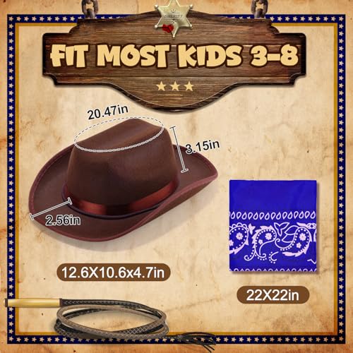 Babelshar Toddler Cowboy Hat and Bandana Set – Felt Western Hat for Kids 3-8, Adjustable Brown Cowboy Hat with Blue Bandana for Halloween and Dress-Up