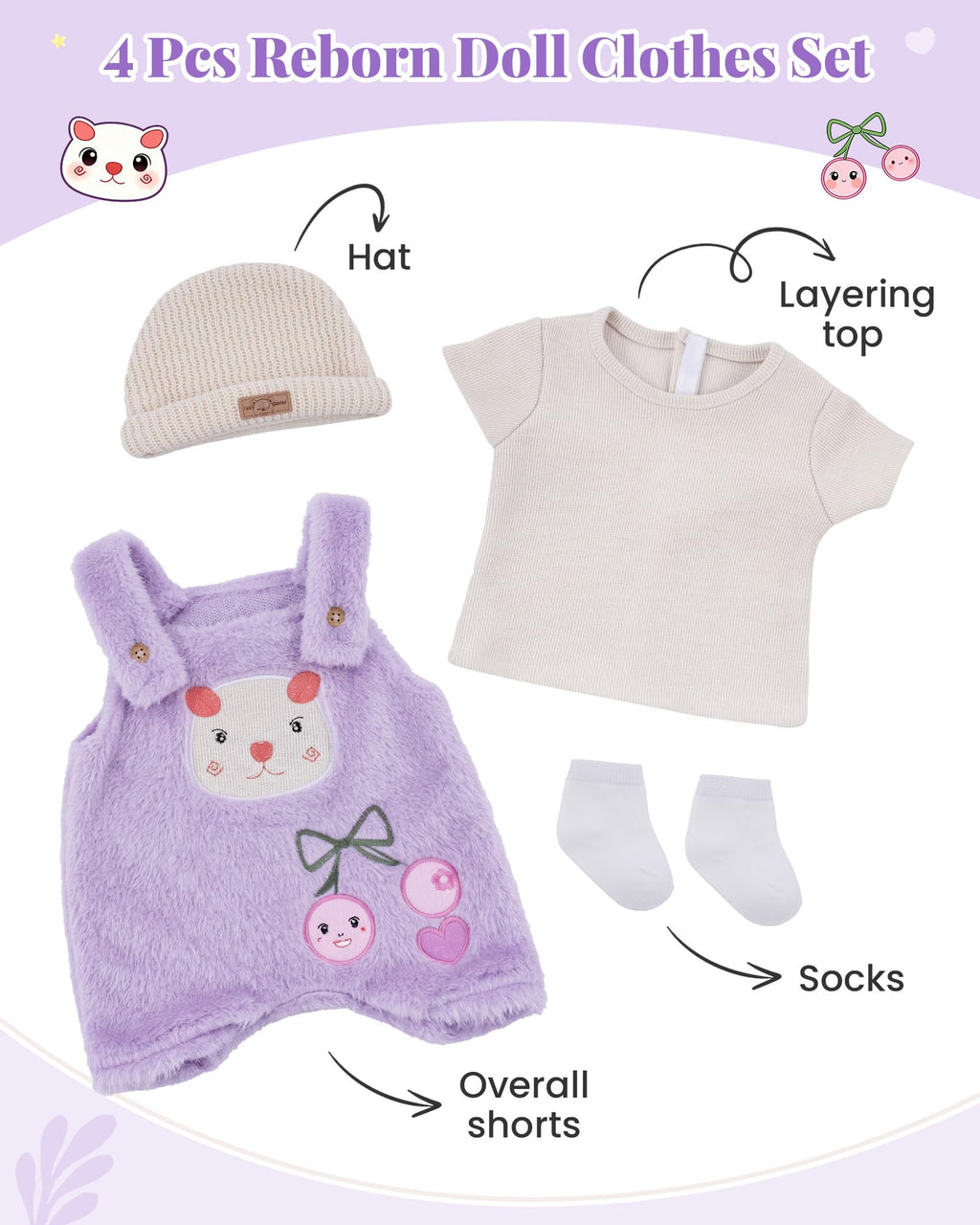 BABESIDE 4-Piece Doll Clothes Set – Purple Striped Outfit with Bear Hat for 17-20 Inch Dolls