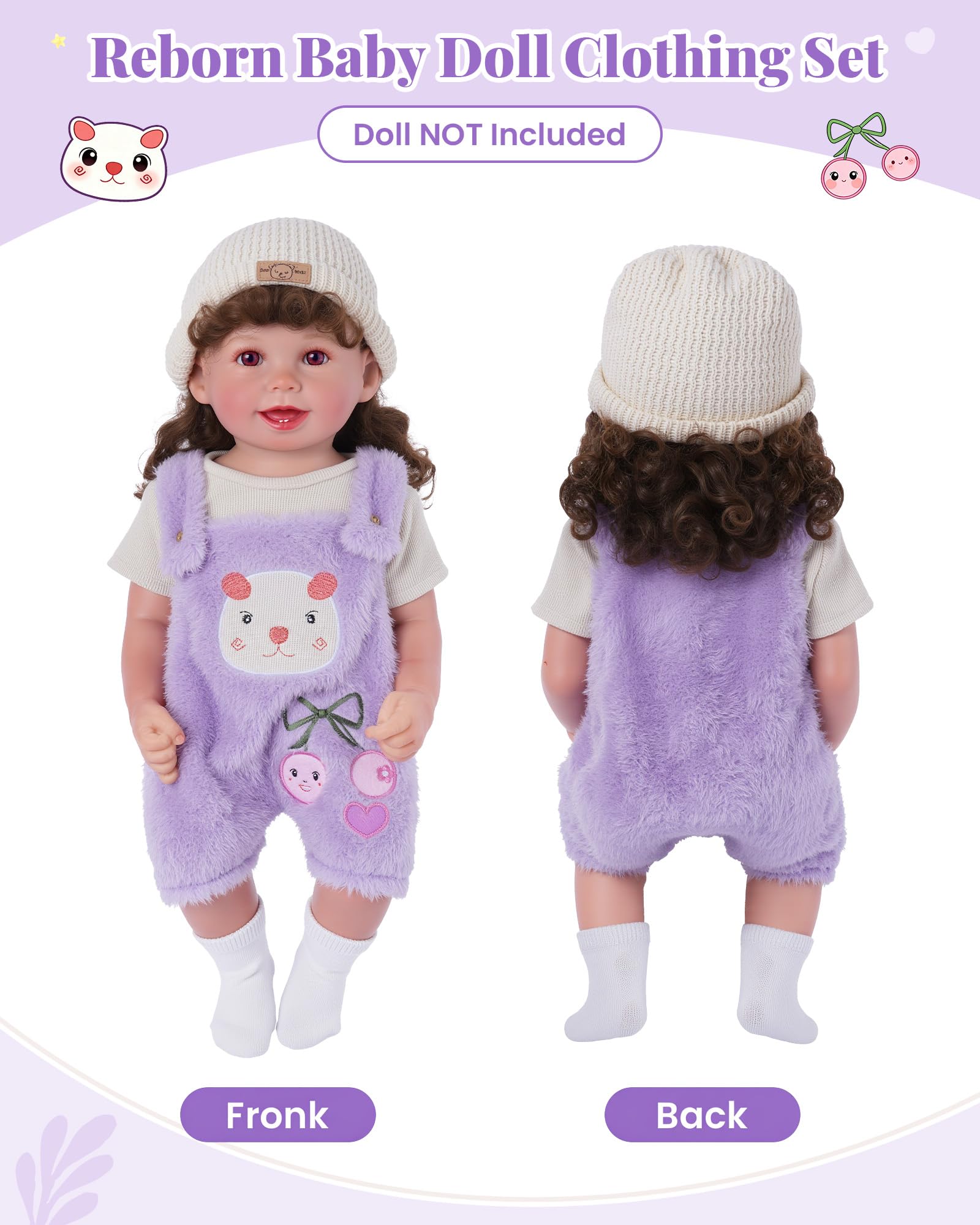 BABESIDE 4-Piece Doll Clothes Set – Purple Striped Outfit with Bear Hat for 17-20 Inch Dolls