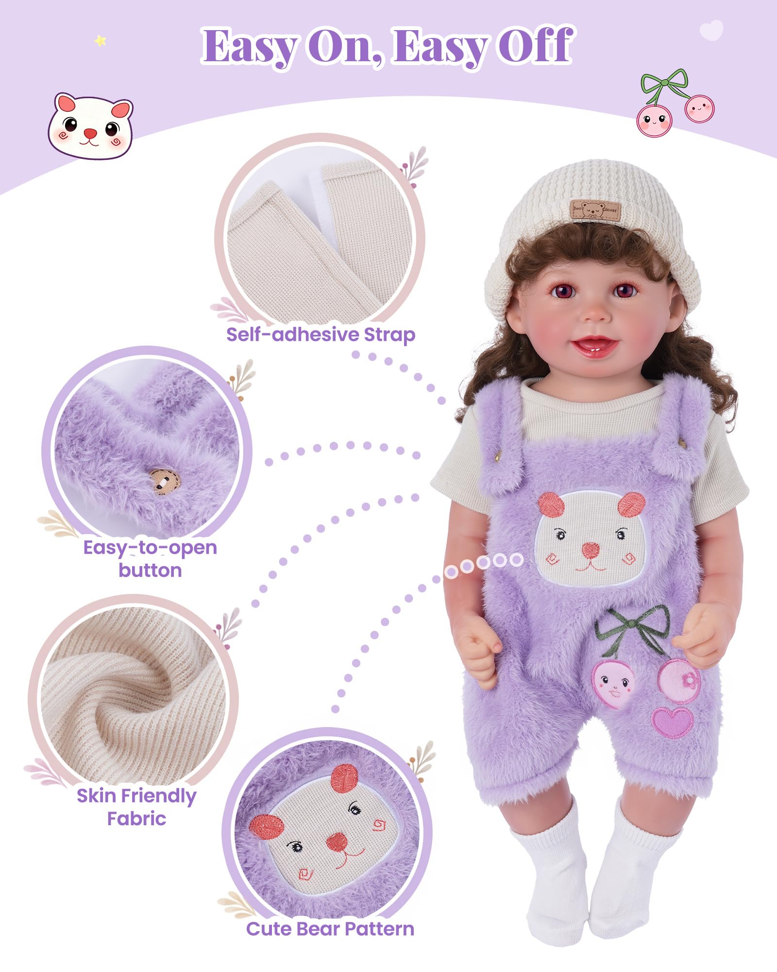 BABESIDE 4-Piece Doll Clothes Set – Purple Striped Outfit with Bear Hat for 17-20 Inch Dolls