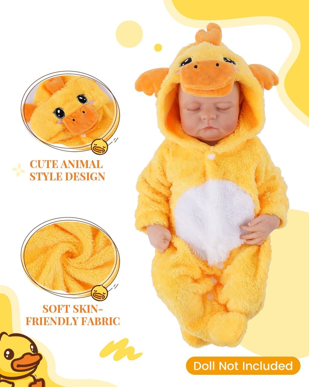 BABESIDE Yellow Duck Reborn Baby Doll Clothes for 17-20 Inch Dolls - Footed Pajamas with Hat