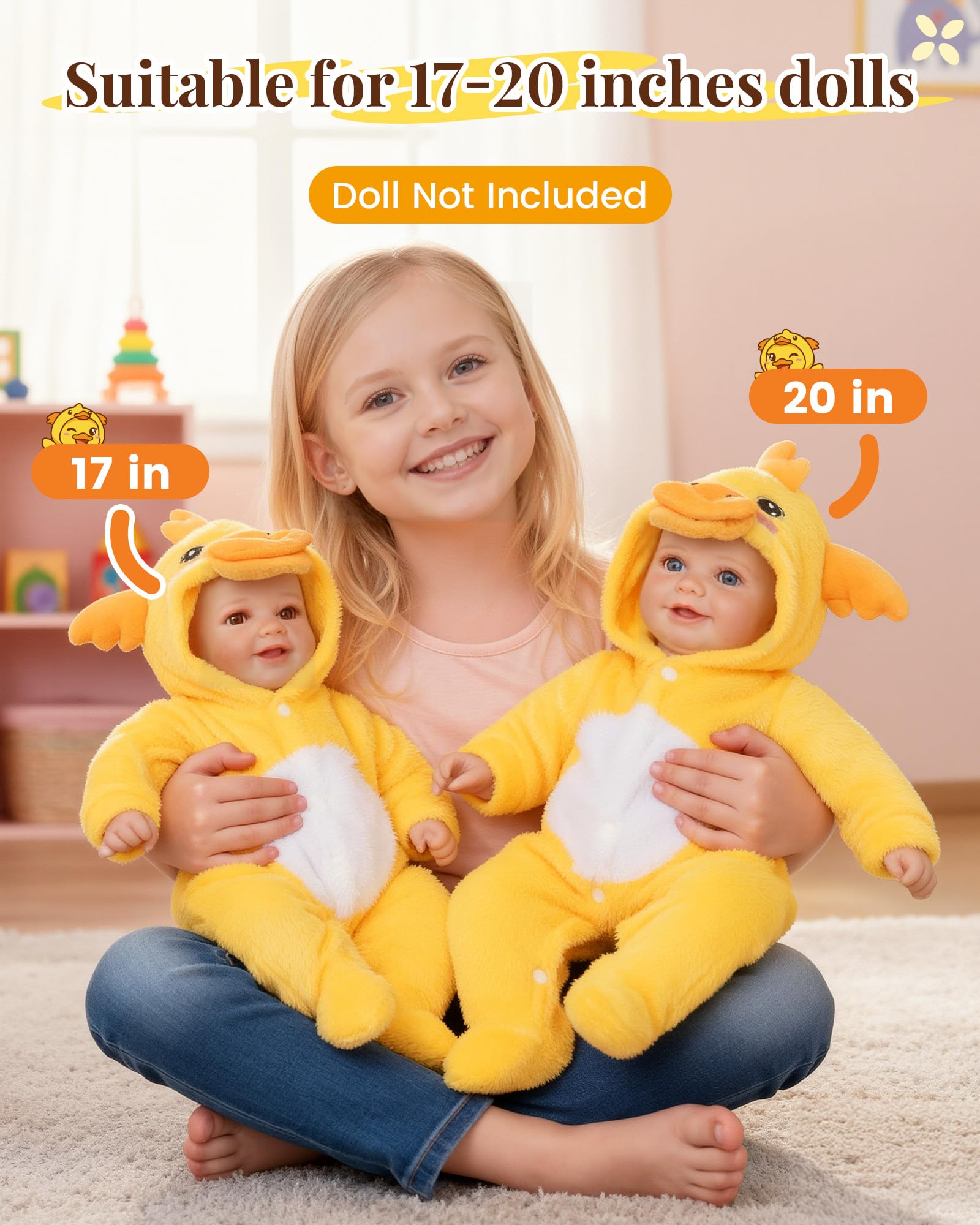 BABESIDE Yellow Duck Reborn Baby Doll Clothes for 17-20 Inch Dolls - Footed Pajamas with Hat