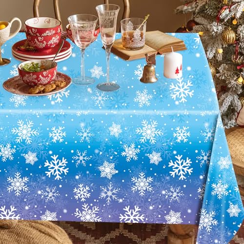 Babudeer 4-Pack Plastic Snowflake Tablecloths – 54x108 Inch Disposable Gradient Blue & Purple for Frozen Birthday, Winter Wonderland, Christmas Party Decorations