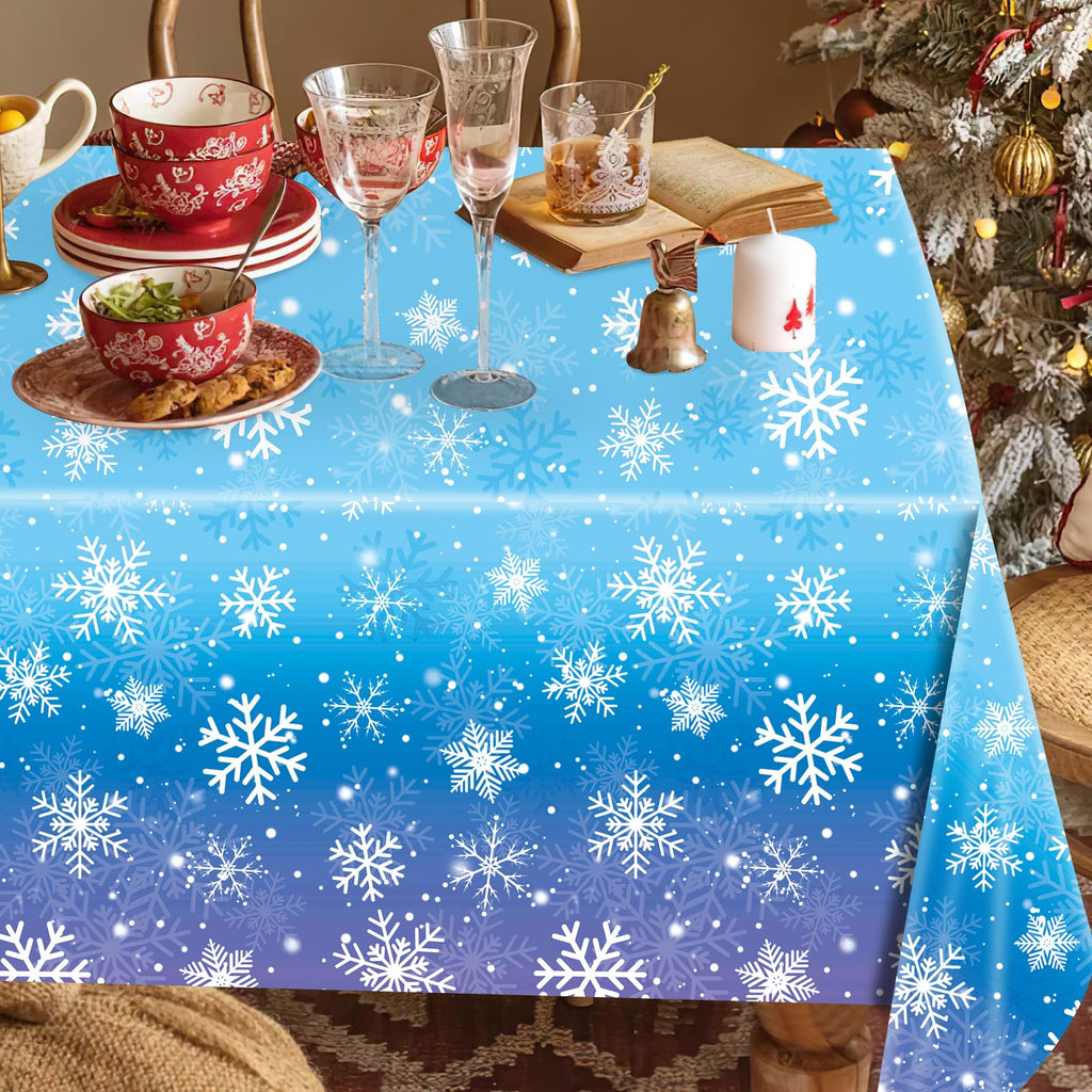 Babudeer 4-Pack Plastic Snowflake Tablecloths – 54x108 Inch Disposable Gradient Blue & Purple for Frozen Birthday, Winter Wonderland, Christmas Party Decorations