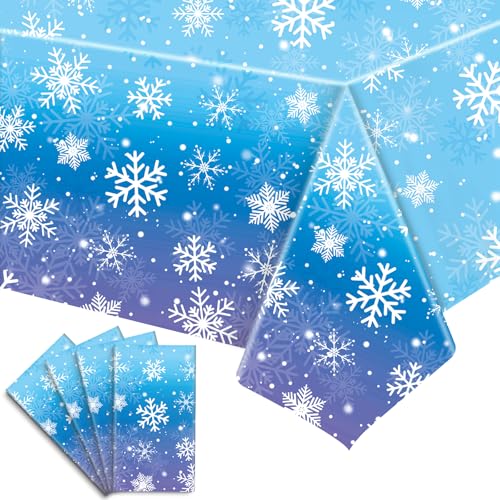 Babudeer 4-Pack Plastic Snowflake Tablecloths – 54x108 Inch Disposable Gradient Blue & Purple for Frozen Birthday, Winter Wonderland, Christmas Party Decorations