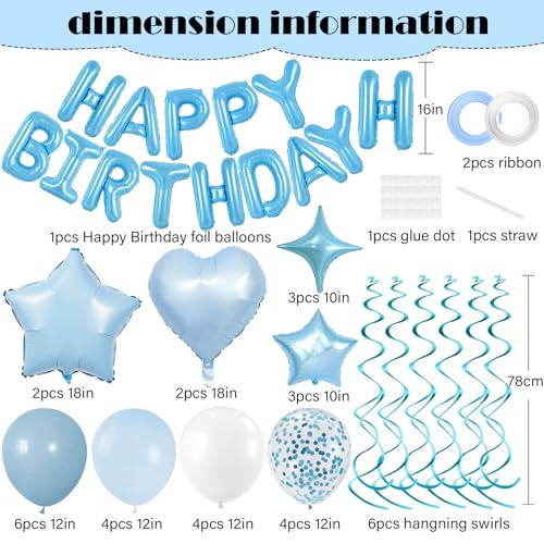 Baby Blue Birthday Party Decorations Set - Foil Happy Birthday Banner, Star & Heart Balloons, Hanging Swirls