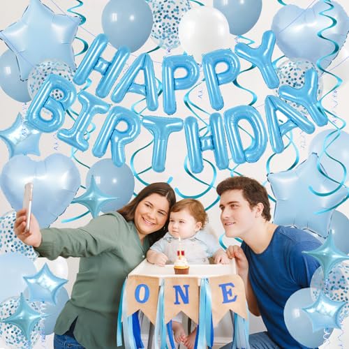 Baby Blue Birthday Party Decorations Set - Foil Happy Birthday Banner, Star & Heart Balloons, Hanging Swirls